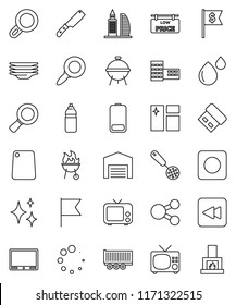 thin line vector icon set - shining vector, window cleaning, plates, skimmer, knife, cutting board, bbq, school building, flag, magnifier, dollar, water bottle, truck trailer, tv, battery, rec, barn