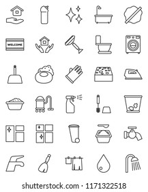 thin line vector icon set - soap vector, scraper, broom, water tap, vacuum cleaner, scoop, sponge, trash bin, drop, shining, window cleaning, splotch, welcome mat, iron, bath, toilet, drying clothes