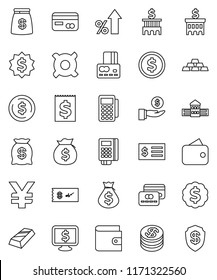 thin line vector icon set - school building vector, dollar coin, gold ingot, credit card, wallet, percent growth, money bag, investment, bank, receipt, medal, monitor, any currency, yen sign, reader