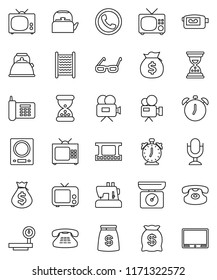 thin line vector icon set - washboard vector, kettle, glasses, alarm clock, money bag, sand, phone, big scales, film frame, tv, video camera, microphone, classic, kitchen, sewing machine