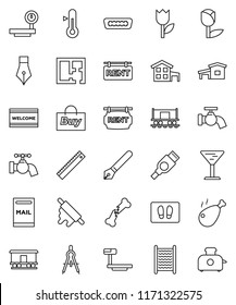 thin line vector icon set - water tap vector, welcome mat, washboard, rolling pin, thermometer, chicken leg, pen, ruler, drawing compass, Railway carriage, glass, tulip, big scales, hdmi, cottage