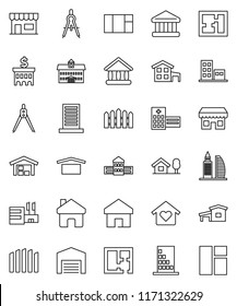 thin line vector icon set - university vector, school building, drawing compass, bank, dry cargo, hospital, home, cottage, chalet, barn, fence, plan, apartments, office, love, store, mall, window