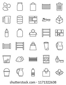 thin line vector icon set - bucket vector, trash bin, garbage pile, measuring cup, jug, jar, water bottle, sea container, port, wood box, consolidated cargo, package, oil barrel, shelving