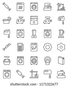 thin line vector icon set - washer vector, washing powder, mixer, double boiler, blender, tomography, gear, construction crane, card reader, dishwasher, coffee maker, meat grinder, sewing machine