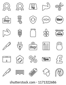 thin line vector icon set - jar vector, pen, medal, personal information, pound, muscule hand, shorts, cereals, no hook, weight, barcode, message, low price signboard, smart home, protect, new, open