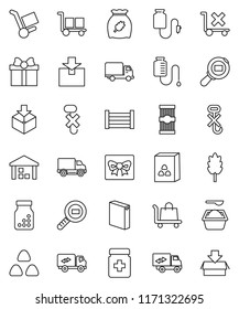 thin line vector icon set - washing powder vector, cereal, pasta, delivery, wood box, cargo, no trolley, hook, warehouse, package, search, pills bottle, drop counter, relocation truck, gift