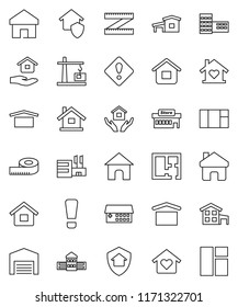 thin line vector icon set - house hold vector, school building, measuring, dry cargo, hospital, home, attention sign, cottage, barn, plan, love, construction crane, protect, mall, window