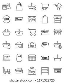 thin line vector icon set - office vector, cargo, warehouse, weight, shelving, new, open, closed, shopping bag, market, store, mall, buy, basket, cart, scales
