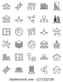 thin line vector icon set - molecule vector, bank, building, hierarchy, dna, chromosomes, ovule, connect, big data, plan, apartments, office, home