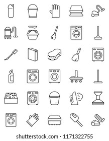 thin line vector icon set - broom vector, vacuum cleaner, mop, bucket, sponge, car fetlock, steaming, washer, washing powder, cleaning agent, rubber glove