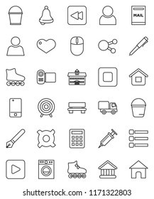 thin line vector icon set - bucket vector, pen, university, bell, any currency, roller Skates, target, mobile phone, social media, heart, play button, stop, backward, syringe, menu, bench, user