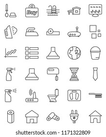 thin line vector icon set - fetlock vector, bucket, iron, steaming, toilet, brush, sprayer, paper, world, graph, sand clock, tie, scales, pool, pills, eye doctor hat, diagnostic monitor, router, buy