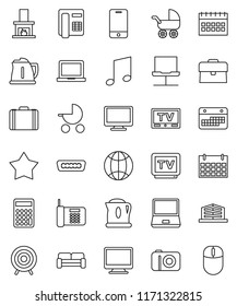 thin line vector icon set - kettle vector, notebook pc, music, case, calculator, calendar, target, tv, mobile phone, monitor, hdmi, network, globe, office building, cushioned furniture, fireplace