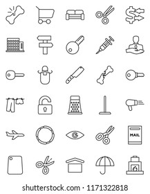 thin line vector icon set - mop vector, drying clothes, apron, knife, cutting board, grater, scissors, exchange, hoop, plane, client, umbrella, dry cargo, eye, syringe, broken bone, key, mailbox