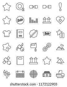 thin line vector icon set - splotch vector, mixer, copybook, stadium, target, calendar, oxygen, attention, satellite, top sign, equalizer, link, favorites, heart cross, route arrow, connection, star