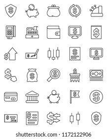 thin line vector icon set - bank vector, exchange, japanese candle, wallet, piggy, dollar growth, check, building, money search, flag, monitor, cursor, receipt, credit card, coin, bag, reader
