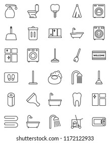 thin line vector icon set - soap vector, plunger, scraper, cleaner trolley, broom, mop, scoop, towel, trash bin, window cleaning, welcome mat, bath, toilet, washer, liquid, shining, paper, shower
