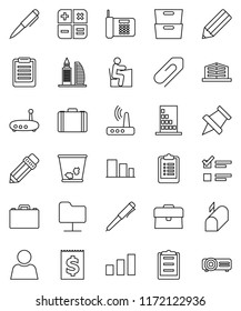 thin line vector icon set - trash bin vector, pencil, student, case, pen, clipboard, paper pin, archive, exam, receipt, sorting, network folder, router, attachment, user, office building, mailbox