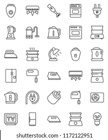 thin line vector icon set - vacuum cleaner vector, iron, kettle, mixer, double boiler, blender, table lamp, tv, rca, air conditioner, ari condition, fridge, power plug, oven, epilator, bulb