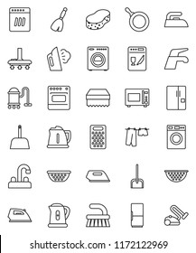 thin line vector icon set - broom vector, water tap, vacuum cleaner, fetlock, scoop, sponge, iron, steaming, drying clothes, washer, pan, kettle, colander, grater, microwave oven, fridge, dishwasher