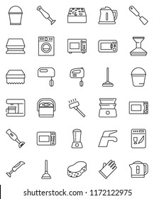 thin line vector icon set - plunger vector, water tap, vacuum cleaner, mop, bucket, sponge, car fetlock, rubber glove, kettle, spatula, microwave oven, double boiler, blender, washer, dishwasher