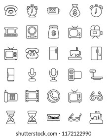 thin line vector icon set - glasses vector, alarm clock, money bag, sand, phone, big scales, film frame, tv, video camera, microphone, fridge, closed, kitchen, sewing machine