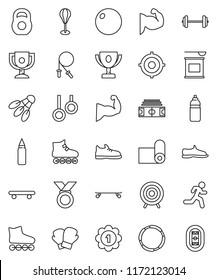 thin line vector icon set - award cup vector, target, barbell, stadium, weight, jump rope, punching bag, fitball, muscule hand, snickers, boxing glove, roller Skates, skateboard, medal, water bottle