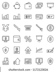 thin line vector icon set - presentation vector, dollar coin, graph, laptop, credit card, wallet, crisis, piggy bank, growth, check, board, shield, monitor, yen sign, percent, receipt