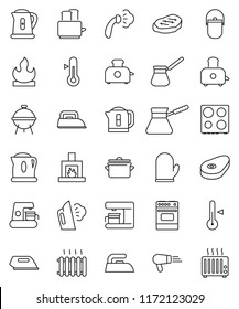 thin line vector icon set - iron vector, steaming, pan, camping cauldron, kettle, cook glove, turk coffee, toaster, oven, thermometer, bbq, steak, flammable, fireplace, heating, maker, hair dryer