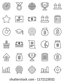 thin line vector icon set - graduate hat vector, clipboard, award cup, certificate, graph, pie, money bag, dollar growth, bank building, target, medal, top sign, favorites, cash