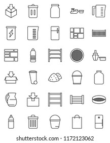 thin line vector icon set - bucket vector, trash bin, garbage pile, measuring cup, jug, sieve, jar, enegry drink, water bottle, sea container, port, wood box, consolidated cargo, package, shelving