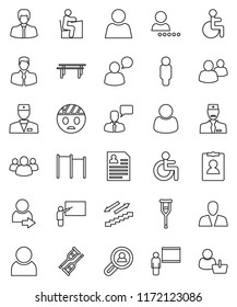 thin line vector icon set - blackboard vector, student, manager, man, personal information, horizontal bar, stairways run, client, speaking, group, disabled, doctor, crutches, head bandage, user