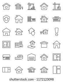 thin line vector icon set - house hold vector, school building, measuring, dry cargo, hospital, home, attention sign, cottage, barn, plan, love, construction crane, protect, mall, window