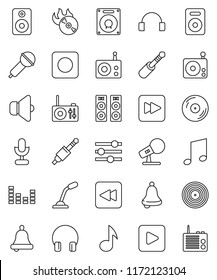 thin line vector icon set - bell vector, music, disk, hit, microphone, radio, speaker, equalizer, headphones, play button, forward, backward, rec, jack