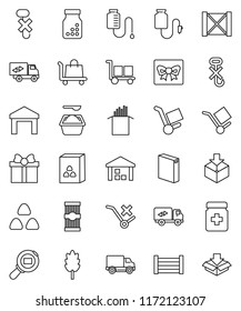 thin line vector icon set - washing powder vector, cereal, pasta, delivery, wood box, cargo, no trolley, hook, warehouse, package, search, pills bottle, drop counter, relocation truck, gift
