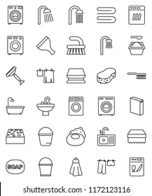 thin line vector icon set - soap vector, scraper, fetlock, bucket, sponge, towel, drying clothes, washer, washing powder, shower, sink, bath, dishwasher