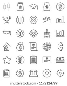 thin line vector icon set - graduate hat vector, clipboard, award cup, certificate, graph, pie, japanese candle, money bag, dollar growth, bank building, target, medal, cent sign, stairways run, top