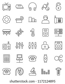 thin line vector icon set - toaster vector, thermometer, microscope, heart monitor, satellite, phone, support, sorting, radio, settings, equalizer, headphones, speaker, dna, tomography, server, gear