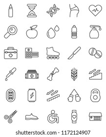 thin line vector icon set - liquid soap vector, diet, stadium, weight, punching bag, buttocks, snickers, boxing glove, roller Skates, enegry drink, heart monitor, water bottle, stairways run, doctor