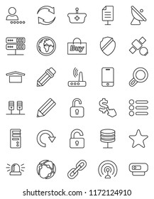 thin line vector icon set - pencil vector, dollar cursor, earth, satellite, dry cargo, antenna, mobile phone, favorites, connection, server, network, shield, router, refresh, redo, chain, document