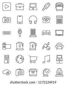 thin line vector icon set - kettle vector, scales, table lamp, calculator, notebook pc, music, case, earth, satellite, camera, mobile phone, headphones, play button, hdmi, network, cloud lock, cart
