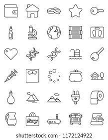 thin line vector icon set - toilet paper vector, oil, jug, book, microscope, school bus, wallet, scales, pool, earth, heart, dna, syringe, pills, router, home, loading, chalet, mountain, key, star