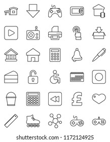 thin line vector icon set - bucket vector, cake, ruler, pen, bell, university, calculator, arrow down, pound, roller Skates, calendar, radio, gamepad, touchscreen, social media, heart, play button