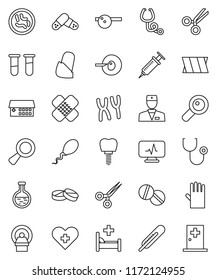 thin line vector icon set - rubber glove vector, heart cross, doctor, thermometer, flask, vial, magnifier, insemination, syringe, scissors, patch, stethoscope, pills, eye hat, microbs, chromosomes