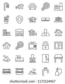 thin line vector icon set - house vector, cottage, pool, water supply, mountain, garage, barn, plan, sale signboard, rooms, apartments, office building, search estate, consumer, lock, table, bath