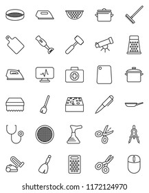 thin line vector icon set - plunger vector, broom, rake, sponge, iron, pan, colander, meat hammer, cutting board, grater, blender, sieve, drawing compass, pen, telescope, scissors, first aid kit