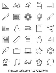 thin line vector icon set - copybook vector, pen, school building, corner ruler, glasses, case, backpack, apple fruit, atom, telescope, bell, table lamp, notebook pc, alarm clock, schedule, bus