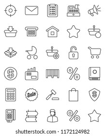 thin line vector icon set - cart vector, dollar coin, star, sale, shopping bag, percent, support, target, barcode, card reader, cashbox, receipt, basket, home, list, calculator, auction, mail
