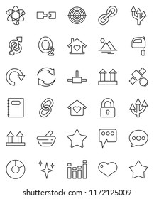 thin line vector icon set - shining vector, mixer, copybook, atom, pie graph, target, oxygen, satellite, top sign, equalizer, link, favorites, heart, gender, mortar, connect, message, refresh, redo