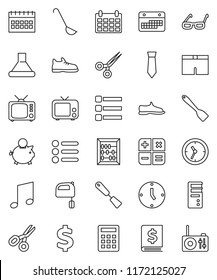 thin line vector icon set - spatula vector, ladle, mixer, glasses, scissors, abacus, music, piggy bank, annual report, clock, tie, calendar, dollar sign, snickers, shorts, tv, menu, calculator, hood